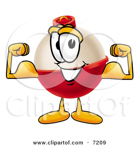 Clipart Picture of a Fishing Bobber Mascot Cartoon Character Flexing His Arm Muscles by Mascot Junction