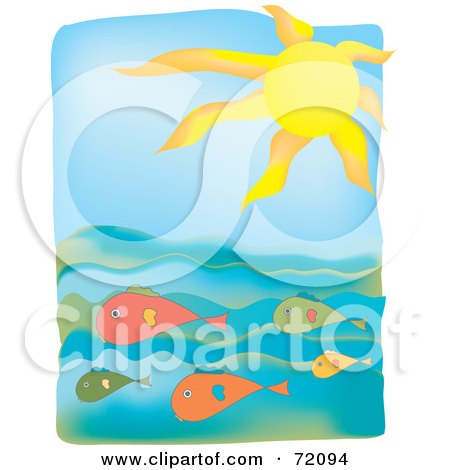 Royalty-Free (RF) Clipart Illustration of a Sun Shining Over The Sea With Colorful Fish In The Water by inkgraphics