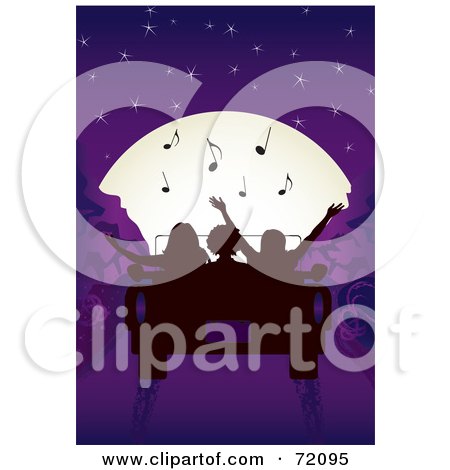 Royalty-Free (RF) Clipart Illustration of Silhouetted People In A Convertible Car, Driving Towards A Musical Full Moon In A Purple Night Sky by inkgraphics