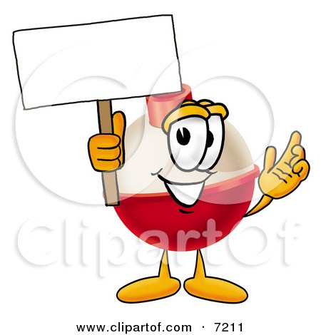Clipart Picture of a Fishing Bobber Mascot Cartoon Character Holding a Blank Sign by Mascot Junction
