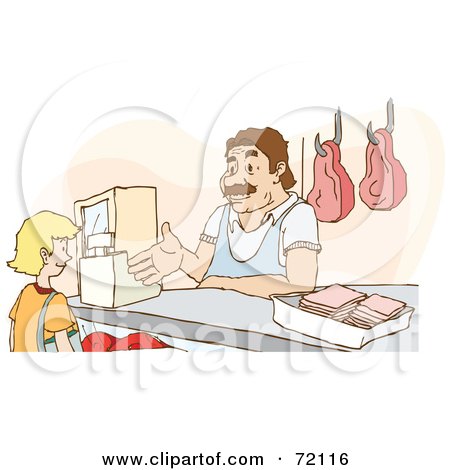 Royalty-Free (RF) Clipart Illustration of a Woman Ordering Meat In A Butcher Shop by PlatyPlus Art
