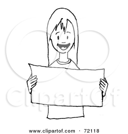 Royalty-Free (RF) Clipart Illustration of a Black And White Outline Of A Little Girl Holding A Blank Sign In Front Of Her Chest by PlatyPlus Art