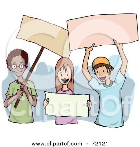 Royalty-Free (RF) Clipart Illustration of a Diverse And Happy Group Of Boys And A Girl Holding Blank Signs by PlatyPlus Art