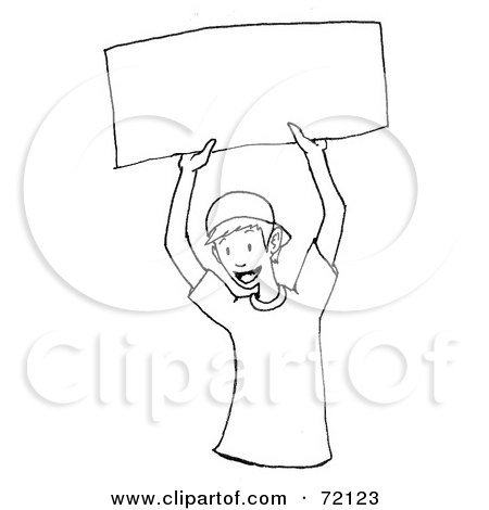 Royalty-Free (RF) Clipart Illustration of a Black And White Outline Of A Happy Boy Holding Up A Blank Sign by PlatyPlus Art