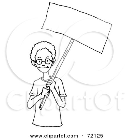 Royalty-Free (RF) Clipart Illustration of a Black And White Outline Of An African American Boy Holding A Blank Sign by PlatyPlus Art