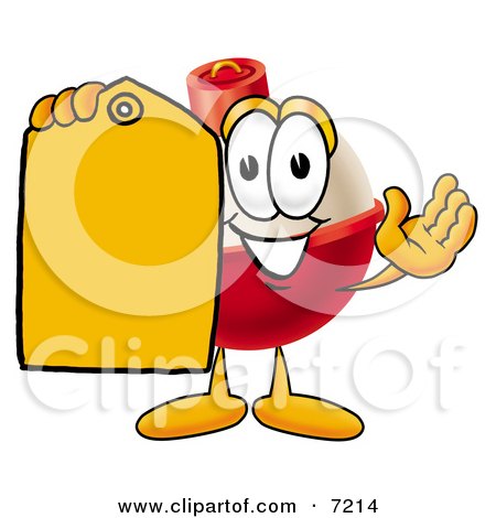 Clipart Picture of a Fishing Bobber Mascot Cartoon Character Holding a Yellow Sales Price Tag by Mascot Junction