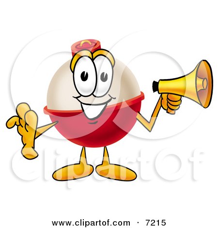 Clipart Picture of a Fishing Bobber Mascot Cartoon Character Holding a  Megaphone by Mascot Junction #7215