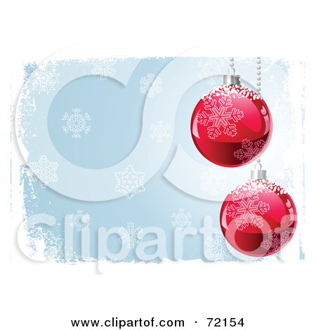 Royalty-Free (RF) Clipart Illustration of Two Red Christmas Baubles With Snow, Hanging On A Blue Background With Grunge And Snowflakes  by Pushkin