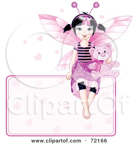 Royalty-Free (RF) Clipart Illustration of a Black Haired Fairy Girl With A Teddy Bear, Sitting On Top Of A Heart Sign by Pushkin