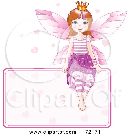 Royalty-Free (RF) Clipart Illustration of a Brunette Fairy Princess With Hearts, Sitting On A Blank Sign by Pushkin