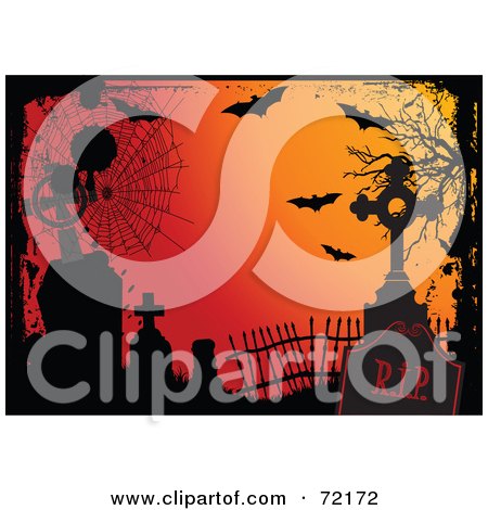 Royalty-Free (RF) Clipart Illustration of an Orange Halloween Background With Grunge, Webs, Tombstones And Bats by Pushkin