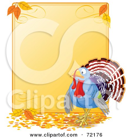 Royalty-Free (RF) Clipart Illustration of a Turkey Bird By A Blank Thanksgiving Sign With Autumn Leaves by Pushkin