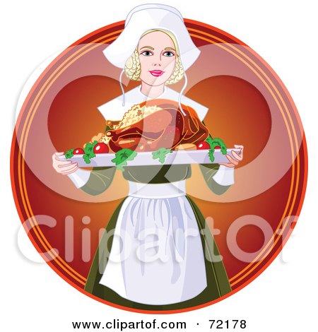 Royalty-Free (RF) Clipart Illustration of a Beautiful Blond Pilgrim Serving A Thanksgiving Turkey by Pushkin