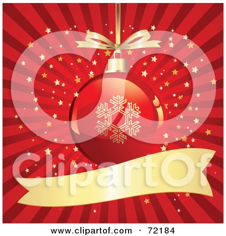 Royalty-Free (RF) Clipart Illustration of a Red And Gold Snowflake Christmas Ornament Over A Bursting Starry Background With A Blank Banner by Pushkin
