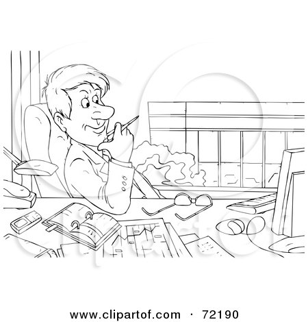 Royalty-Free (RF) Clipart Illustration of a Black And White Sketched Businessman Relaxing At His Desk by Alex Bannykh