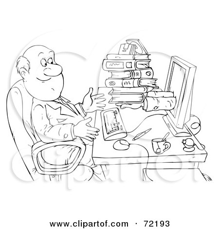 Royalty-Free (RF) Clipart Illustration of a Black And White Sketched Businessman Receiving Books From A Computer by Alex Bannykh
