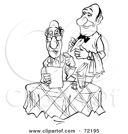 Royalty-Free (RF) Clipart Illustration of a Black And White Sketched Waiter Standing Behind A Food Critic As He Reads The Menu by Alex Bannykh