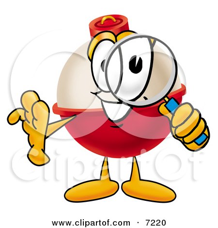 Clipart Picture of a Fishing Bobber Mascot Cartoon Character Looking Through a Magnifying Glass by Mascot Junction
