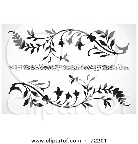 Royalty-Free (RF) Clipart Illustration of a Digital Collage Of Black Silhouetted Floral Vine Scrolls And Divider Designs by BestVector
