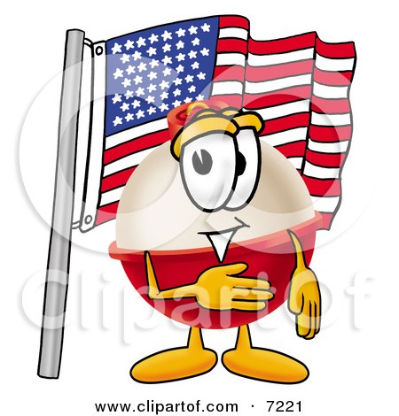 Clipart Picture of a Fishing Bobber Mascot Cartoon Character Pledging Allegiance to an American Flag by Mascot Junction