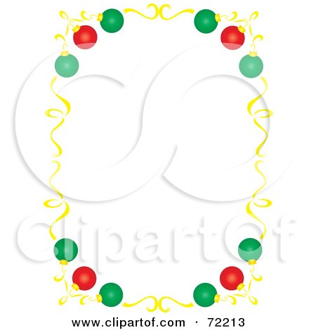 Royalty-Free (RF) Clipart Illustration of a White Background With A Colorful Christmas Ornament  And Gold Ribbon Border by Rosie Piter