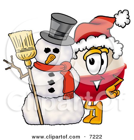 Clipart Picture of a Fishing Bobber Mascot Cartoon Character With a Snowman on Christmas by Mascot Junction
