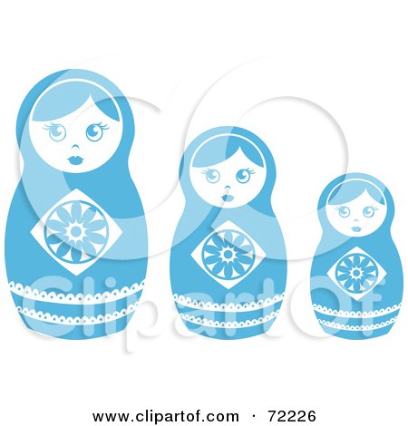 Royalty-Free (RF) Clipart Illustration of a Row Of Three White And Blue Nesting Dolls by Rosie Piter