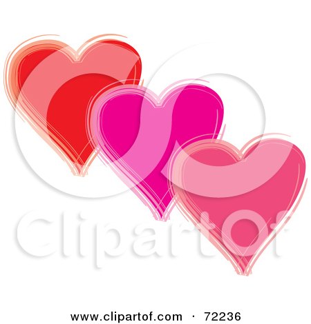 Royalty-Free (RF) Clipart Illustration of Three Floating Red, Purple And Pink Hearts by Rosie Piter