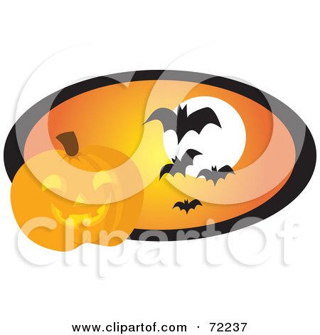 Royalty-Free (RF) Clipart Illustration of a Halloween Pumpkin By An Orange Oval With Vampire Bats And A Full Moon by Rosie Piter