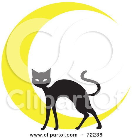Royalty-Free (RF) Clipart Illustration of a Black Cat In Front Of A Yellow Crescent Moon by Rosie Piter