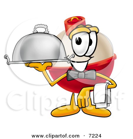 Clipart Picture of a Fishing Bobber Mascot Cartoon Character Serving a Thanksgiving Turkey on a Platter by Mascot Junction
