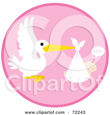 Royalty-Free (RF) Clipart Illustration of a Pink Circle With A Stork And A Sleeping Baby Girl by Rosie Piter