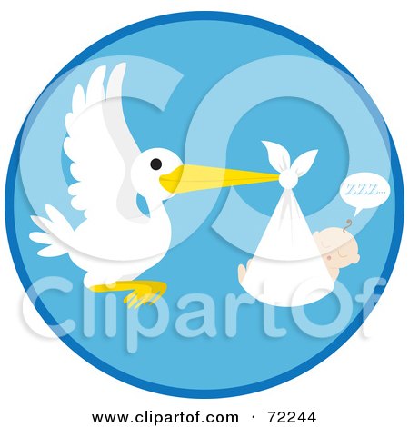 Royalty-Free (RF) Clipart Illustration of a Blue Circle With A Stork And A Sleeping Baby Boy by Rosie Piter