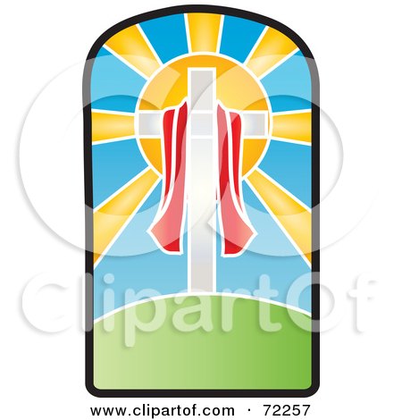 Royalty-Free (RF) Clipart Illustration of a Red Cloth Draped Around A Cross In Front Of The Sun On A Stained Glass Window by Rosie Piter