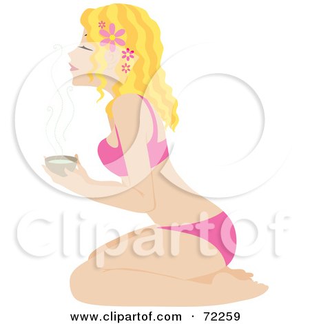 Royalty-Free (RF) Clipart Illustration of a Relaxed Kneeling Blond Caucasian Woman Holding A Cup Of Tea by Rosie Piter