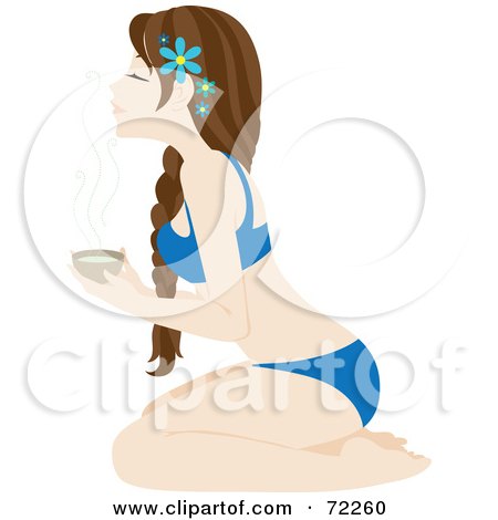 Royalty-Free (RF) Clipart Illustration of a Relaxed Kneeling Brunette Caucasian Woman Holding A Cup Of Tea by Rosie Piter
