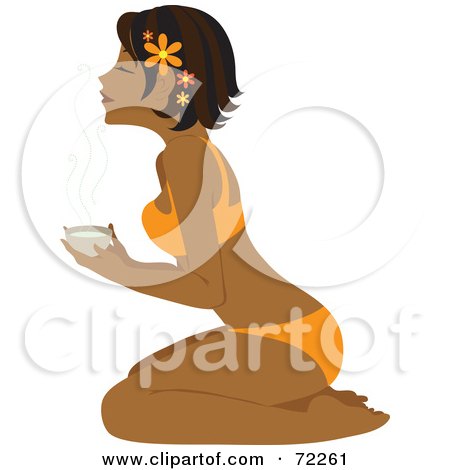 Royalty-Free (RF) Clipart Illustration of a Relaxed Kneeling Black Woman Holding A Cup Of Tea by Rosie Piter