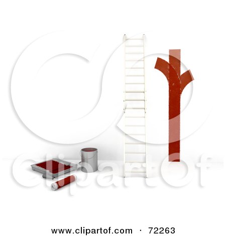 Royalty-Free (RF) Clipart Illustration of Streaks Of Red Paint On A White Wall, Near A Ladder And Painting Supplies by KJ Pargeter