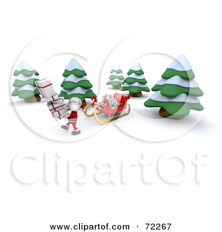 Royalty-Free (RF) Clipart Illustration of a 3d Santa Carrying A Stack Of Leaning Presents Through The Woods By His Sleigh by KJ Pargeter