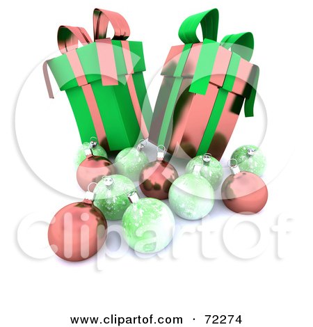 Royalty-Free (RF) Clipart Illustration of a 3d Still Life Of Pink And Green Christmas Presents And Oranments by KJ Pargeter