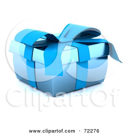 Royalty-Free (RF) Clipart Illustration of a Squat Blue 3d Gift Box With Ribbons And A Bow by KJ Pargeter