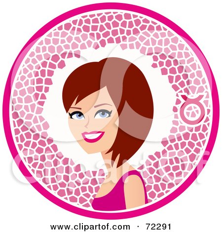 Royalty-Free (RF) Clipart Illustration of a Pretty Taurus Woman In A Pink Circle With The Zodiac Symbol by Monica