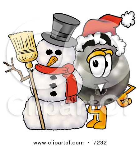 Clipart Picture of a Bowling Ball Mascot Cartoon Character With a Snowman on Christmas by Mascot Junction
