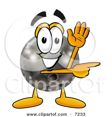 Clipart Picture of a Bowling Ball Mascot Cartoon Character Waving and Pointing by Mascot Junction