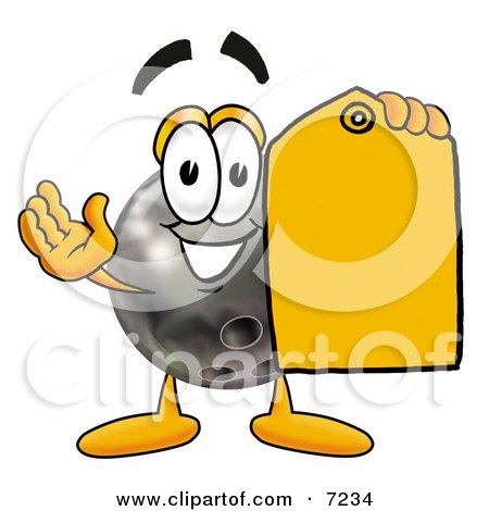 Clipart Picture of a Bowling Ball Mascot Cartoon Character Holding a Yellow Sales Price Tag by Mascot Junction