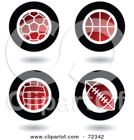 Royalty-Free (RF) Clipart Illustration of a Digital Collage Of Red And Black Ball Icons; Soccer, Basketball, Volleyball And Football by cidepix