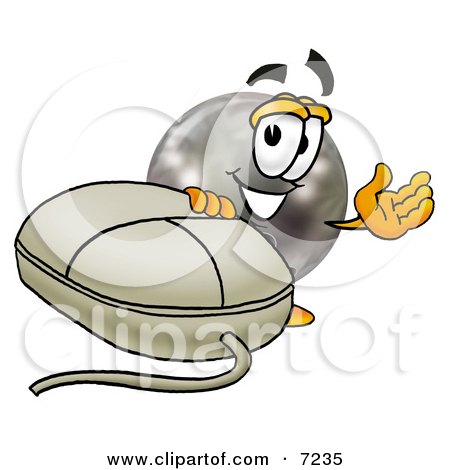 Clipart Picture of a Bowling Ball Mascot Cartoon Character With a Computer Mouse by Mascot Junction