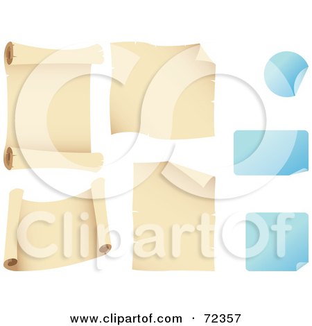 Royalty-Free (RF) Clipart Illustration of a Digital Collage Of Blank Parchment Scrolls And Blue Peeling Stickers by cidepix