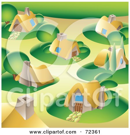 Royalty-Free (RF) Clipart Illustration of a Village With Cute Cottages And Green Lawns by cidepix