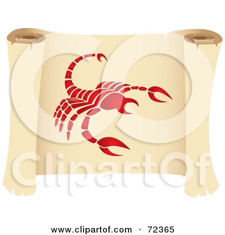 Royalty-Free (RF) Clipart Illustration of a Red Scorpio Icon On A Parchment Scroll by cidepix